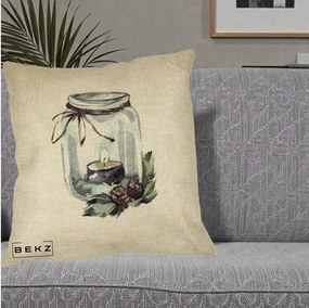 Perna Decorativa Felinar cu Lumanare si Conuri, 40x40 cm, Crem, Husa Detasabila, Perna Inclusa, BEKZ®