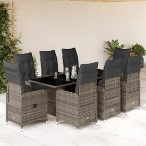 3277042 vidaXL Set bistro de grădină cu perne, 9 piese, gri, poliratan