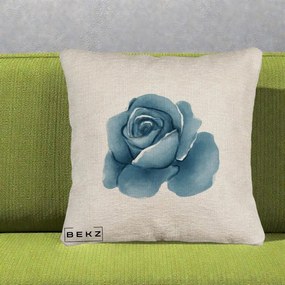Perna Decorativa Trandafir Albastru Acuarela, 40x40 cm, Bej Canapea, Husa Detasabila, Perna Inclusa, BEKZ®