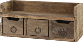 Etajeră de perete din lemn reciclat, natur, cu 1 raft, 3 sertare și mânere în formă de inel, aspect rustic, 15 x 36 x 12 cm, „Grimaud”