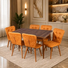 Set masa extensibila cu 6 scaune tapitate Homs cristal  nuc-mustar 170 x 80 cm