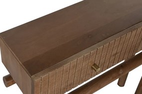 Consolă hol eclectică din lemn de mango, natur, cu 2 sertare canelate și bază din lemn rotund cu traverse încrucișate, 76 x 110 x 30 cm, „Odelin”