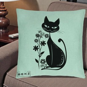 Perna Decorativa Pisica Neagra Grafica Minimalista, 40x40 cm, Verde Menta, Husa Detasabila, Perna Inclusa, BEKZ®