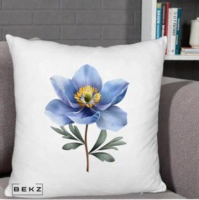 Perna Decorativa Anemona Albastra Botanica, 40x40 cm, Alb Pufos, Husa Detasabila, Perna Inclusa, BEKZ®