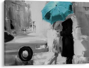 Tablou - Cuplu în dragoste cu umbrelă, albastru (70x50 cm)