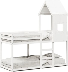 vidaXL Pat supraetajat cu acoperiș, alb, 90x200 cm, lemn masiv de pin
