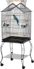 PawHut Cușcă pentru păsări pe suport cu 2 mese perșoare tavă detașabilă mâner și roți 50 x 58 x 137/145 cm negru | Aosom Romania