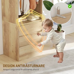 HOMCOM Dulap pentru Haine cu Bară pentru Umerașe, Raft Deschis și 3 Sertare, 60x48.5x185 cm, Maro | Aosom Romania