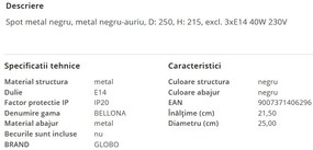 Plafoniera metal negru/auriu BELLONA 3