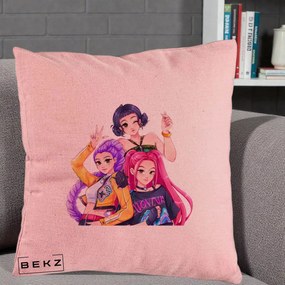 Perna Personalizata K-pop HUNTRX Trio Animat Fete Foto, 40x40 cm, Roz, Husa Detasabila, Perna Inclusa, BEKZ®