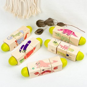 Mini puzzle cu cilindri cu animale, jucărie din lemn Montessori