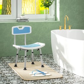 HOMCOM Scaun de Duș din Aluminiu și EVA, Reglabil pe 6 Niveluri, cu Spătar Curbat, 51,5x49,5x68,5-81 cm, Albastru Deschis și Alb | Aosom Romania