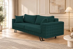 Canapea extensibilă Rosalia din stofă, verde, picioare negre, cu ladă de depozitare