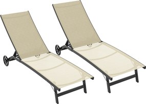 Outsunny Set de 2 șezlonguri din aluminiu și textilenă cu roți, spătar reglabil, sarcină max. 150 kg kaki | Aosom Romania
