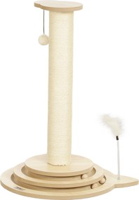 PawHut Copac de zgâriat pentru pisici, 69 cm, stâlp de zgâriat din sisal, traseu cu bile, minge de joacă, jucărie cu pană, design 4-în-1, alb crem | Aosom Romania
