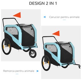 PawHut Remorcă Bicicletă pentru Câini cu Două Intrări Buzunare Cadru Oțel Țesătură 170x77x90cm Albastru | Aosom Romania