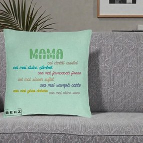 Cadou pentru Mama - Perna Personalizata Mama Cel Dintai Cuvant cu Text Colorat Multicolor, 40x40 cm, Verde Menta, Husa Detasabila, Perna Inclusa, BEKZ®