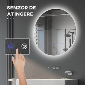 Kleankin Oglinda de Baie Rotunda cu Lumina LED in 3 Culori si intrerupatoare Touch, Ø70x3.5 cm, Transparent | Aosom Romania