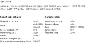 Aplica cu reader LED brat flexibil MILLY nickel
