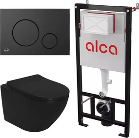 Set rezervor WC cu cadru incastrat Alca AM101/1120 si clapeta M678 negru mat plus vas WC Rea Carlo Mini cu capac softclose