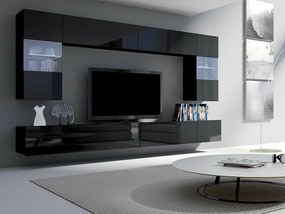 Mobilă pentru sufragerie Providence B105Negru lucios, Negru, Cu comodă tv, Cu componente suplimentare, Părți separate, PAL laminat, 300x43cm, 122 kg