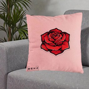 Perna Decorativa Trandafir Rosu Tattoo, 40x40 cm, Roz, Husa Detasabila, Perna Inclusa, BEKZ®