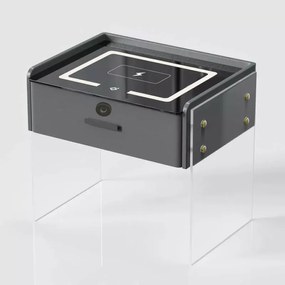 Noptieră inteligentă cu &icirc;ncărcare wireless, iluminare LED, 1 sertar de depozitare, difuzor Bluetooth și &icirc;nchidere prin amprentă &ndash; gri antracit, design modern din sticlă și lemn