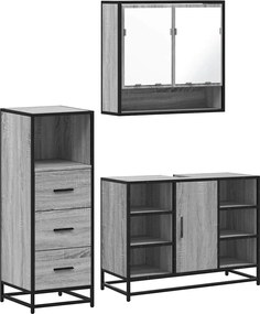 vidaXL Set mobilier de baie, 3 piese, gri sonoma, lemn prelucrat