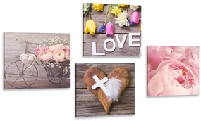 Set tablouri natura moartă a florilor cu cruce și inscripția Love