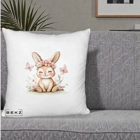 Perna Decorativa Iepuras cu Coronita Florala Roz, 40x40 cm, Alb Pufos, Husa Detasabila, Perna Inclusa, BEKZ®