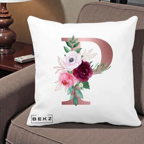 Cadou Personalizat - Perna Personalizata Monograma Rose Gold Litera P, 40x40 cm, Alba Mata, Husa Detasabila, Perna Inclusa, BEKZ®