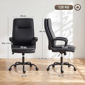 HOMCOM Scaun de Birou Rotativ din Piele PU, Funcție Legănare, Spătar Înalt, Reglabil pe Înălțime, Suportă 120 kg, Negru | Aosom Romania