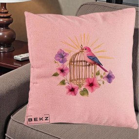 Perna Decorativa Pasare Roz pe Colivie Aurie cu Flori, 40x40 cm, Roz, Husa Detasabila, Perna Inclusa, BEKZ®