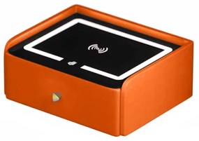 Noptieră inteligentă cu &icirc;ncărcare wireless, iluminare LED, 1 sertar de depozitare &ndash; portocalie, design modern din sticlă și lemn
