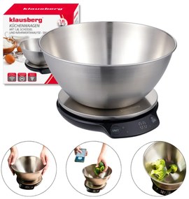 Cantar de bucatarie cu bol Klausberg KB 7939, 5 Kg, Bluetooth, Aplicatie mobila, LED, Tare, Lichide, 4 valori nutritive, Inox