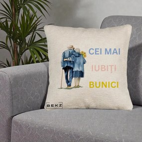 Cadou pentru Bunici - Perna Personalizata Cei Mai Iubiti Bunici Acuarela Spate, 40x40 cm, Bej Canapea, Husa Detasabila, Perna Inclusa, BEKZ®