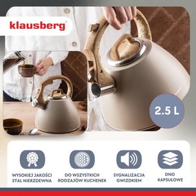 Klausberg KB 7954 Fierbător cu vârtej, 2,5 l, Oțel inoxidabil, Mâner izolat cu efect de lemn, Inducție, Bej/maro