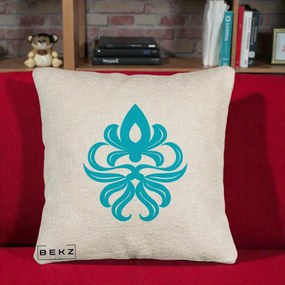 Perna Decorativa Ornament Turcoaz Fleur de Lis, 40x40 cm, Bej Canapea, Husa Detasabila, Perna Inclusa, BEKZ®