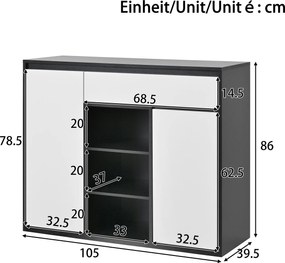 Dulap pentru pantofi cu 2 uși și 1 sertar, cu iluminare LED și raft reglabil pentru încălțăminte, 105x39,5x86 cm, Negru+Alb