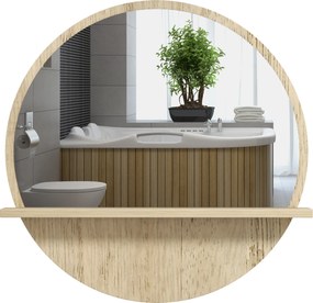 kleankin Oglindă de Baie Rotundă din PAL și Sticlă cu Raft pentru Depozitare și 2 Cârlige pentru Fixare, Ø45x10 cm, Lemn Natural | Aosom Romania