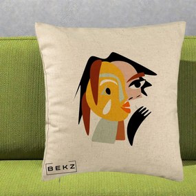 Perna Decorativa Portret Abstract Galben-Ocru, 40x40 cm, Bej, Husa Detasabila, Perna Inclusa, BEKZ®