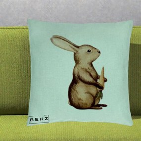 Perna Decorativa Iepuras Acuarela cu Morcov, 40x40 cm, Verde Menta, Husa Detasabila, Perna Inclusa, BEKZ®