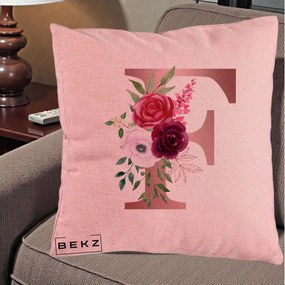 Cadou Personalizat - Perna Personalizata Monograma Rose Gold Litera F, 40x40 cm, Roz, Husa Detasabila, Perna Inclusa, BEKZ®