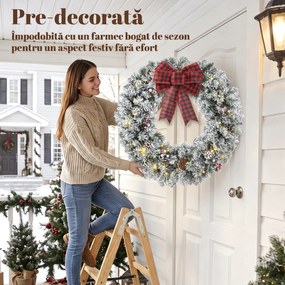 HOMCOM Coroniță de Crăciun 60 cm cu Lumini LED, Fundă în Carouri, Conuri de Pin și Bobițe, Verde | Aosom Romania