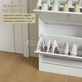 HOMCOM Pantofar Slim cu 2 Uși Rabatabile, Rafturi Reglabile și Detașabile, pentru 8-12 Perechi, 60x23,5x80 cm, Alb | Aosom Romania