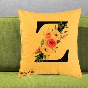 Cadou Personalizat - Perna Personalizata Monograma Florala Litera Z cu Buchet, 40x40 cm, Galben, Husa Detasabila, Perna Inclusa, BEKZ®