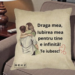 Cadou pentru Iubita - Perna Personalizata Draga Mea Iubirea Mea Infinita Te Iubesc cu Cuplu Acuarela, 40x40 cm, Crem, Husa Detasabila, Perna Inclusa, BEKZ®