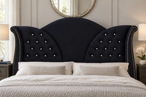 Pat tapițat Chesterfield din catifea Velora Cristal 160×200 cm, negru, cu ladă de depozitare