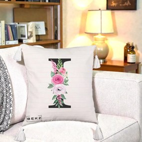 Cadou Personalizat - Perna Personalizata Monograma Florala Litera I, 40x40 cm, Bej cu Franjuri, Husa Detasabila, Perna Inclusa, BEKZ®