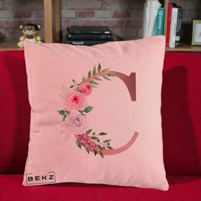 Cadou Personalizat - Perna Personalizata Monograma Rose Gold Litera C, 40x40 cm, Roz, Husa Detasabila, Perna Inclusa, BEKZ®